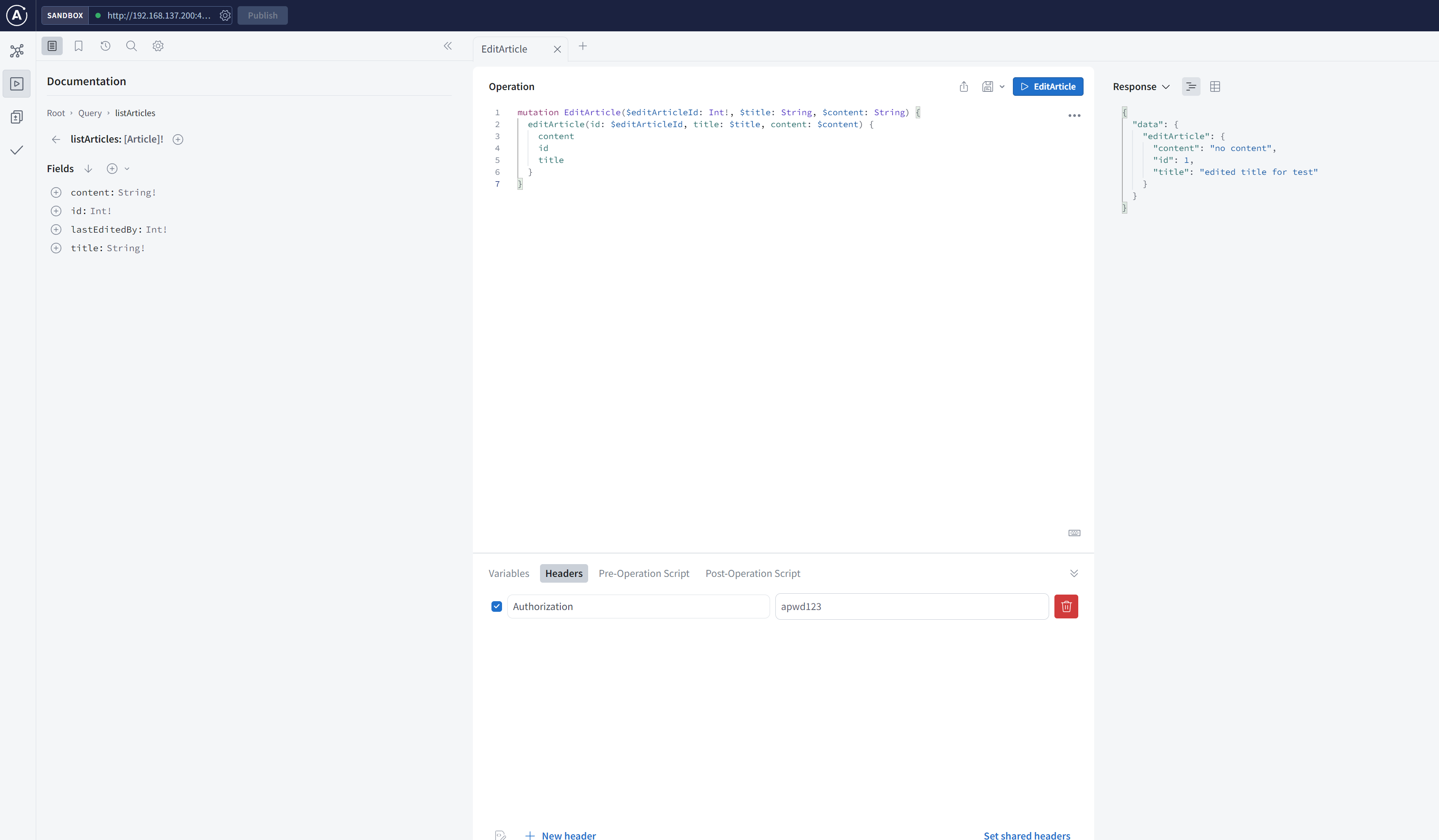 mutation with Authorization header